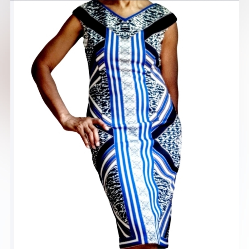 NWT - Maggy London Black, Blue & White Knit Sheath